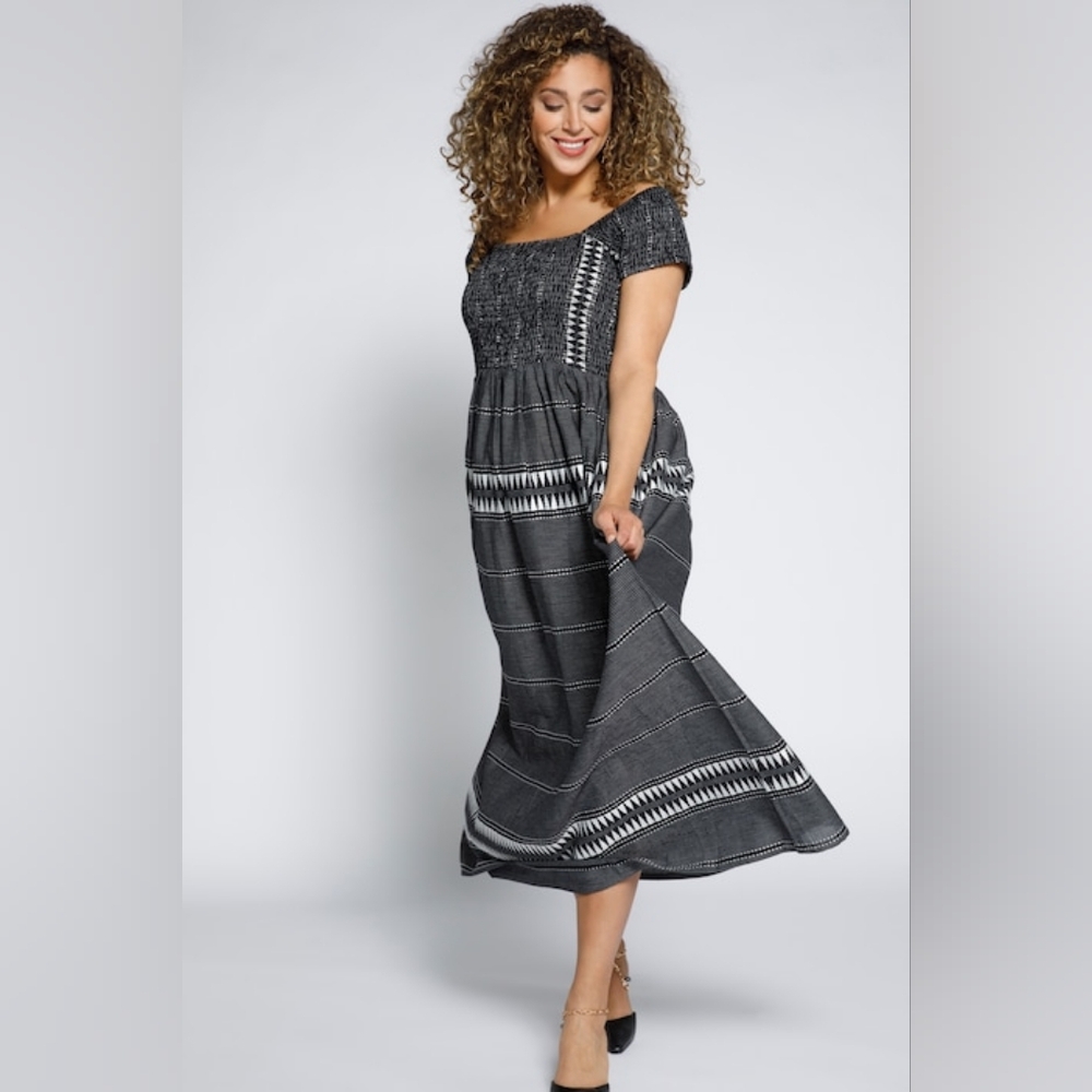 Ulla Popken Ikat Midi Dress Navy 20/22 White Embroidered Smocked Boho